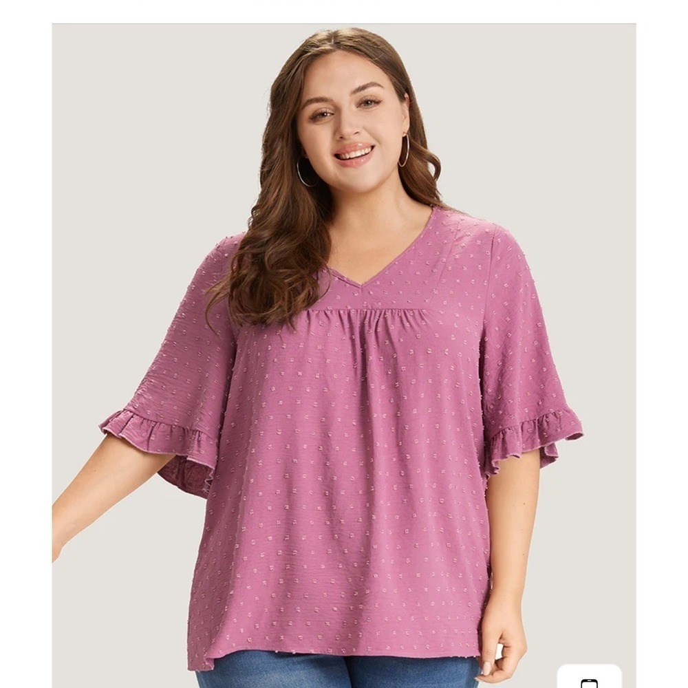 Bloomchic Plus Size 28 Plum Purple Swiss Dot V-Neck Tiered Ruffle Sleeve Blouse